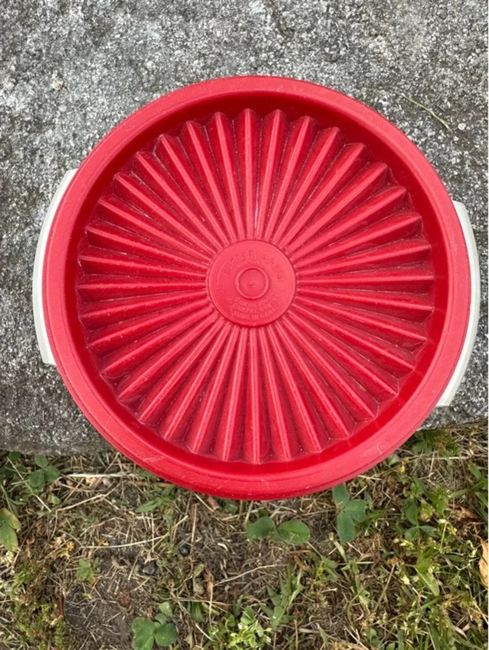 Vintage Tupperware Servalier sheer bowl with red lid